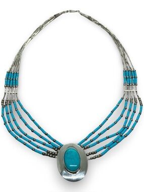 Vtg Navajo 925 Sterling Silver Turquoise 5-Strand Heishi Tube Bead Necklace